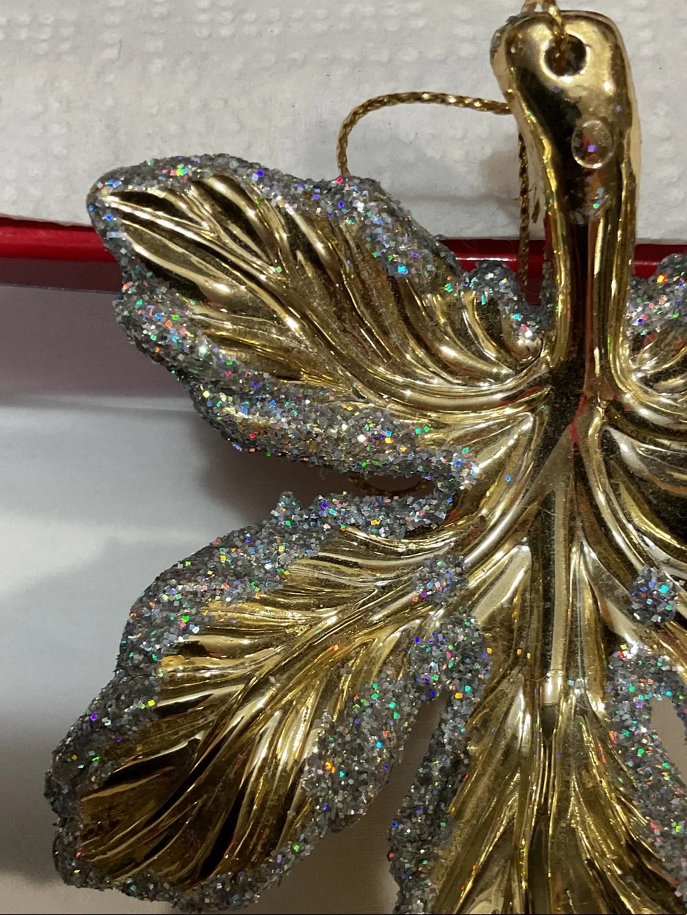 Gold Glitter Leaf Holiday Ornament - Decorative Hanging Accent